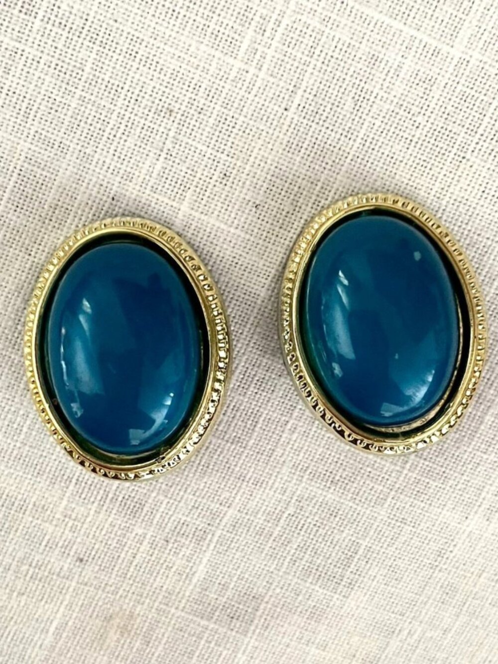Blue Cabochon Clip Earrings Gold Tone Oval Statement Vintage Style Jewelry